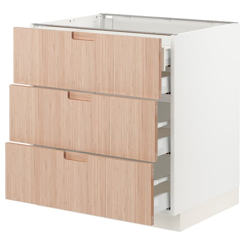 White ikea SEKTION cabinet with 3 bamboo drawers, wooden handles, full-extension, slow-close.