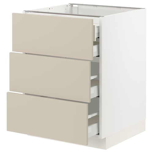 This image shows a white ikea SEKTION base kitchen cabinet with beige drawers. It has a sleek, modern design.