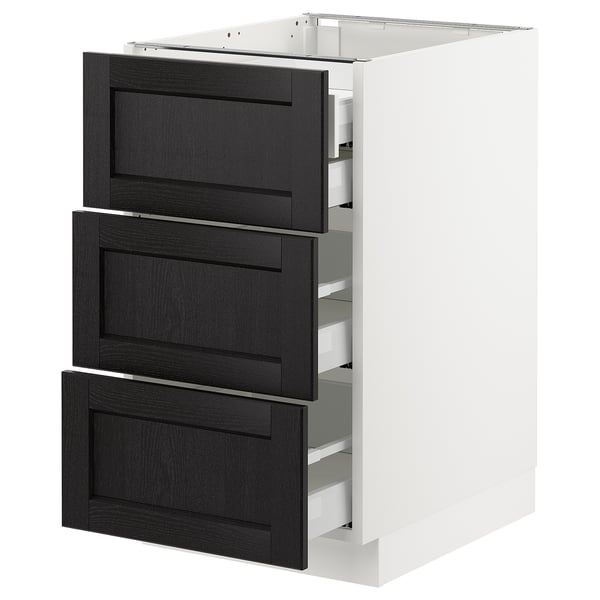SEKTION kitchen unit: white base, 3 black drawers, bevelled edges, ash wood.