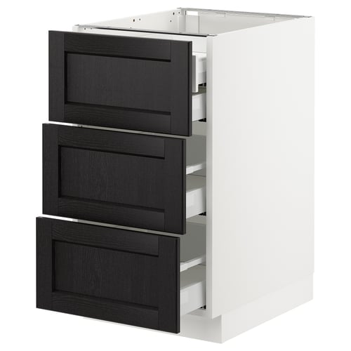 SEKTION kitchen unit: white base, 3 black drawers, bevelled edges, ash wood.