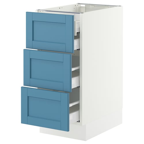 SEKTION / MAXIMERA Base cabinet w 3 fronts/4 drawers, white/Lerhyttan blue, 15x24x30 "