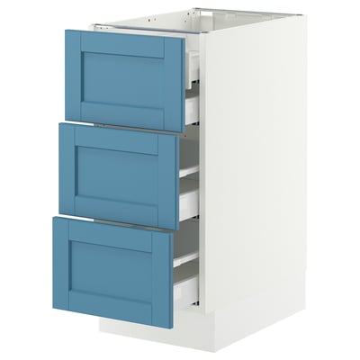 SEKTION / MAXIMERA Base cabinet w 3 fronts/4 drawers, white/Lerhyttan blue, 15x24x30 "