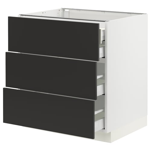 Black kitchen cabinet with 3 drawers, sleek design in melamine foil, full-extension drawers.