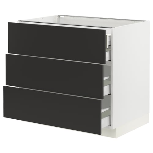 Black SEKTION kitchen drawers, modern, modular, minimalist design, three drawers, sleek handles.