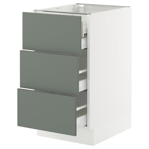 Ikea SEKTION kitchen cabinet with 3 green-grey drawers.