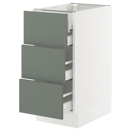 A modern grey-green kitchen unit, SEKTION, with three sleek drawers.