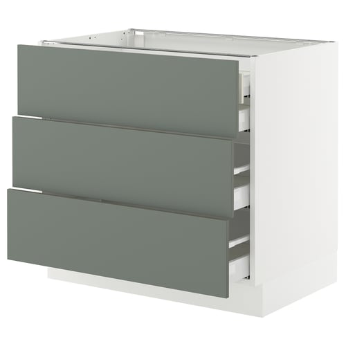 Grey-green ikea SEKTION kitchen unit with 3 drawers.