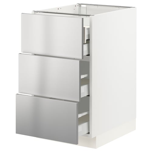 A white SEKTION kitchen unit with stainless steel drawers. It three drawers with smooth, modern fronts and a sturdy base.