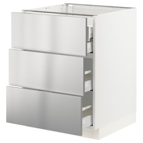 SEKTION kitchen unit in white with stainless-steel drawers, sleek design, three drawers.