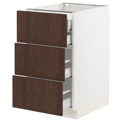Ikea SEKTION kitchen unit - white base, dark brown wood draws, three drawers.