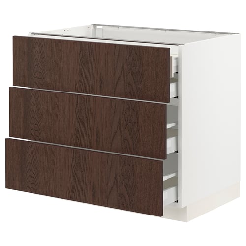 Displays an ikea SEKTION kitchen cabinet with three dark brown sinarp wooden drawers and a white base.