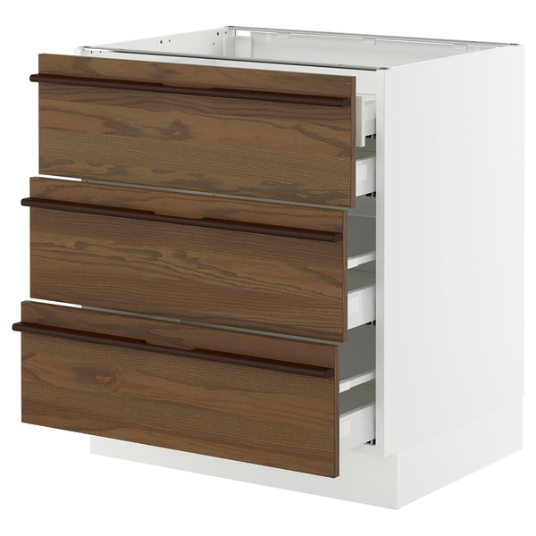 SEKTION / MAXIMERA Base cabinet w 3 fronts/4 drawers, white/Stensta dark brown ash veneer, 30x24x30 "