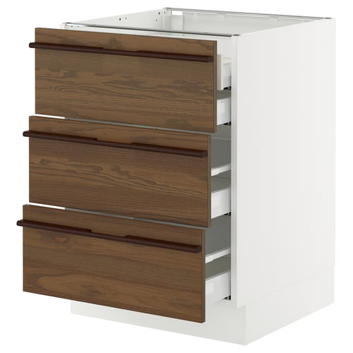 SEKTION kitchen unit: 3-drawer base in white & brown wood, sleek handles, full-extension drawers.