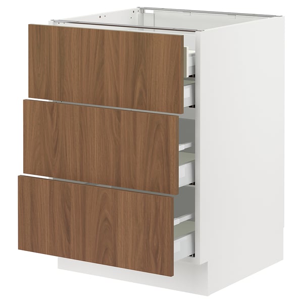 SEKTION / MAXIMERA Base cabinet w 3 fronts/4 drawers, white/Tistorp brown walnut effect, 24x24x30 "