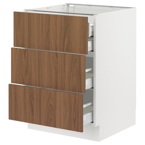 Modern kitchen cabinet in white and walnut, featuring three drawers with sleek handles.