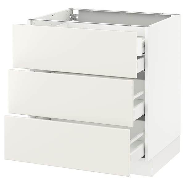 SEKTION white kitchen cabinet with three drawers.