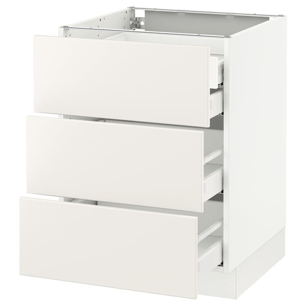 White ikea SEKTION kitchen unit with three drawers, modern minimalist design.