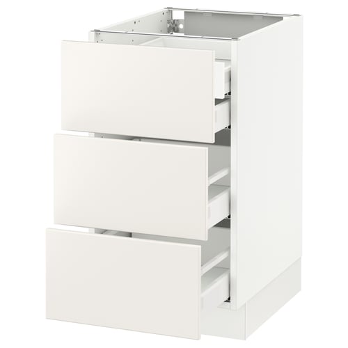 A white SEKTION kitchen cabinet with three drawers. The design is modern and minimalist with sleek drawer fronts.