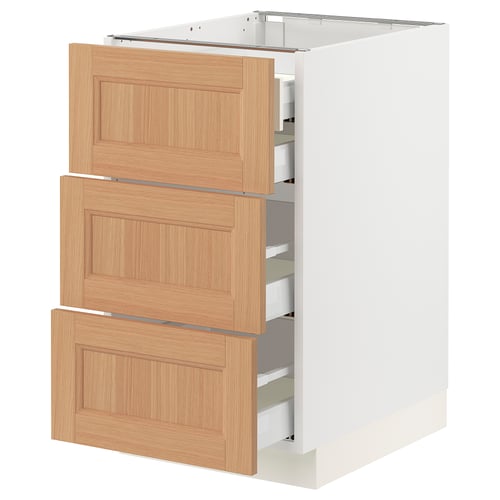 SEKTION kitchen cabinet in white with oak drawers, three pull-out drawers, sturdy design.