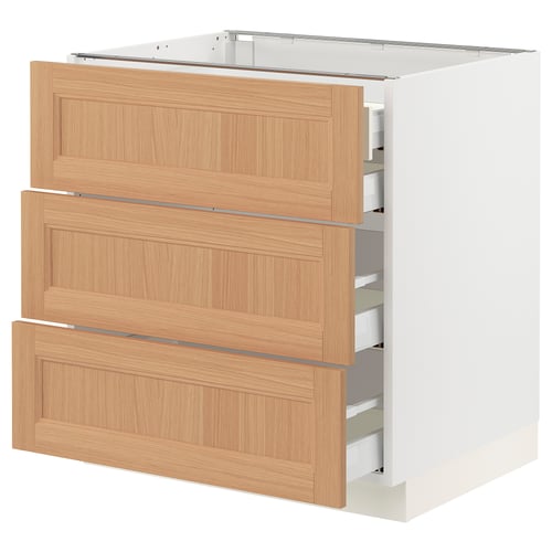 SEKTION kitchen cabinet with 3 oak drawers, white frame, smooth drawers.