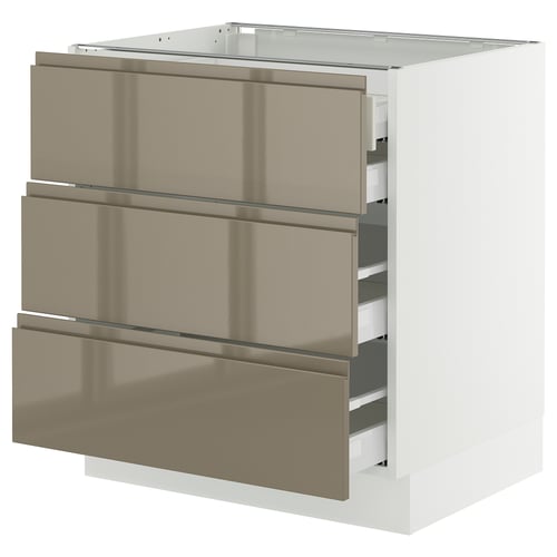 SEKTION kitchen unit with 3 high gloss beige-brown drawers, sleek design, full-extension, integrated handles.