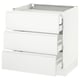 A white SEKTION kitchen cabinet with three drawers, featuring a modern, minimalist design with integrated handles.