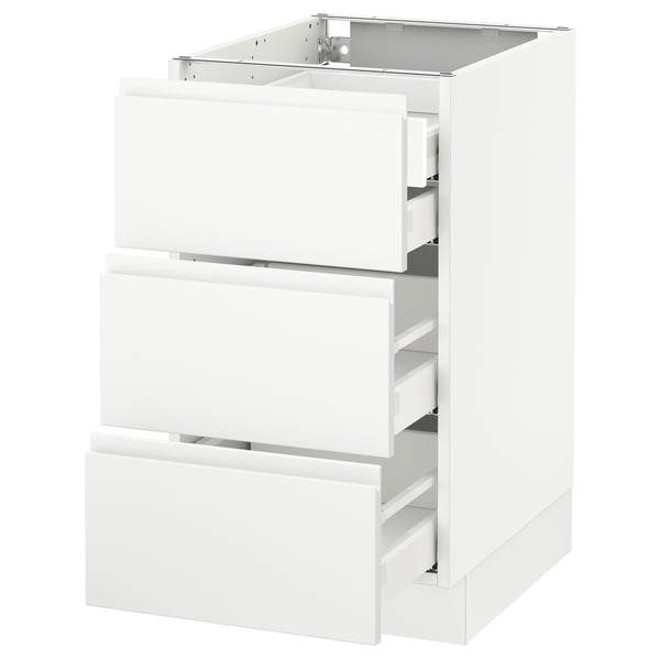An ikea SEKTION white kitchen cabinet with three drawers. The design is sleek and modern with integrated handles.