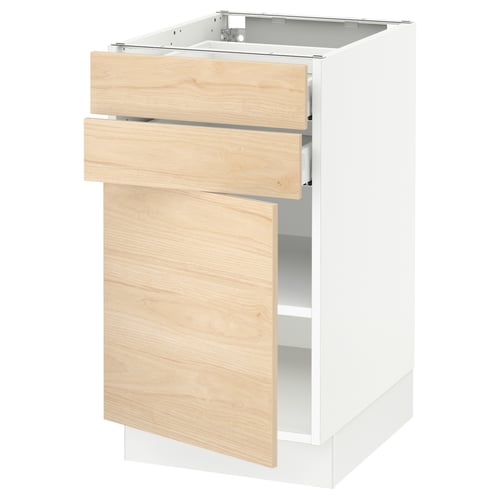 White SEKTION cabinet with light ash drawers, minimalist design, open drawer & door.