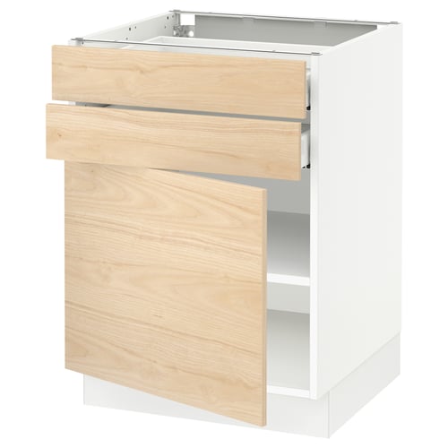 Modern light wood cabinet with drawers and open shelf, minimalist design.