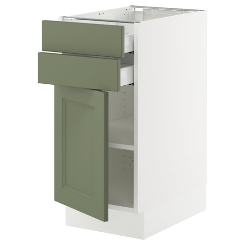 SEKTION kitchen cabinet with grey-green axstad fronts, two drawers, one door, white base.