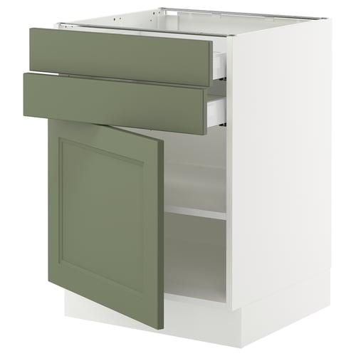 SEKTION kitchen cabinet in gray-green with two drawers and one open shelf, slim design.