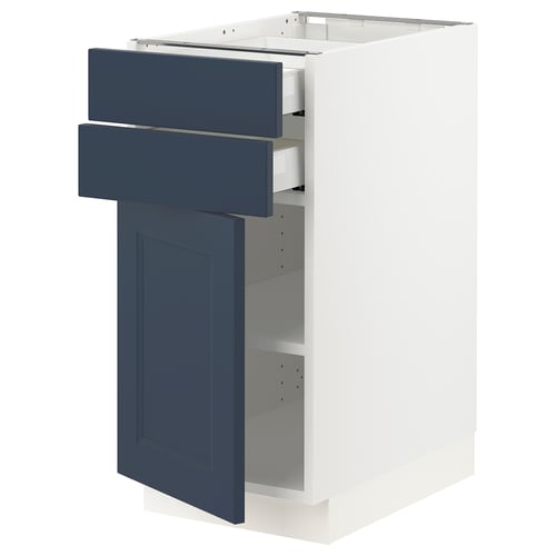 Ikea SEKTION blue kitchen cabinet with 2 drawers, white frame, adjustable shelves.