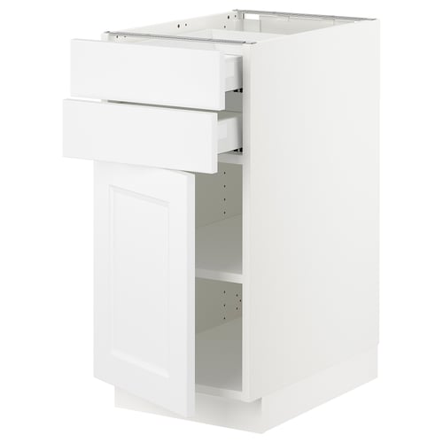 A white SEKTION kitchen cabinet with one open drawer and a door. Its modern, rectangular, with a smooth finish.
