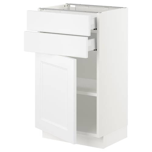 SEKTION white kitchen cabinet with adjustable shelves and soft-closing drawers.