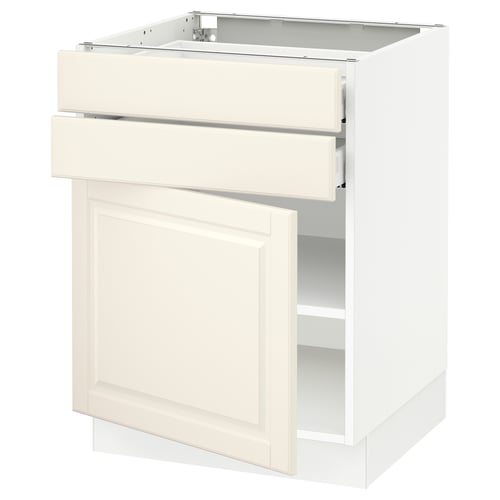 SEKTION off-white kitchen cabinet with bevelled drawers and doors, white interior, soft-closing drawers and hinges.