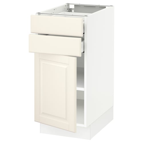 SEKTION off-white kitchen cabinet with drawers and door, featuring bevelled edges and adjustable shelves.