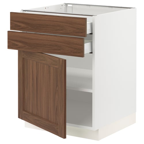 SEKTION white kitchen cabinet with walnut drawers & door, soft-close hinges.