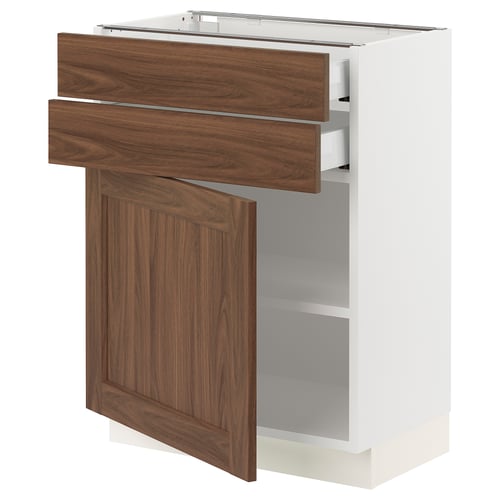 Ikea SEKTION kitchen cabinet with walnut drawers and door, white base.
