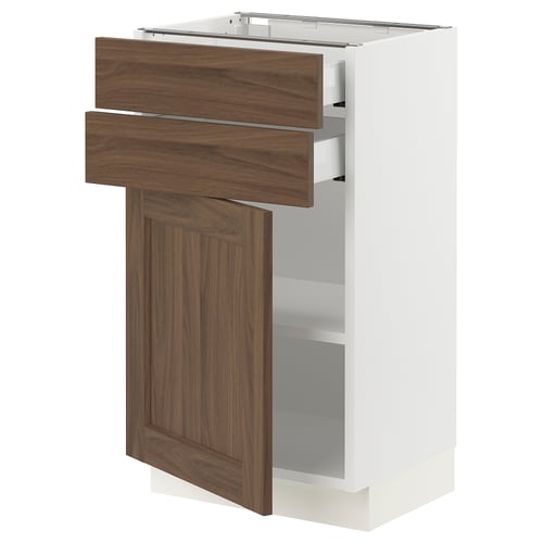 Ikea SEKTION kitchen unit with walnut drawers and door, white base.
