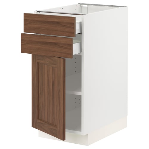SEKTION kitchen cabinet in white with walnut doors, featuring three drawers and a large compartment, simple and elegant design.