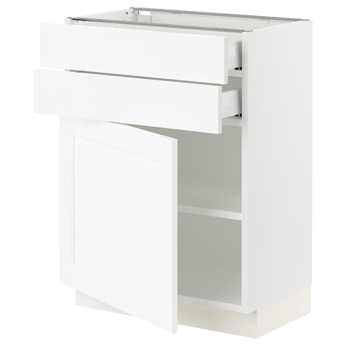 SEKTION white cabinet with adjustable shelves and drawers.