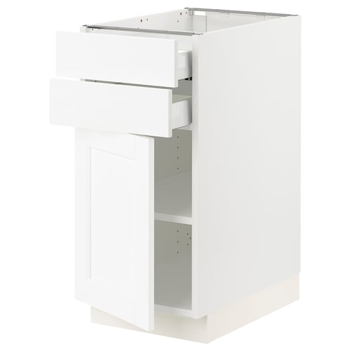 White ikea SEKTION kitchen cabinet display with door and drawers.