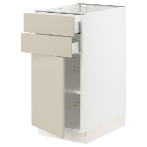 SEKTION kitchen cabinet in white with beige drawers, modern design.