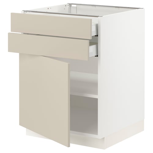 Ikea SEKTION kitchen cabinet in beige with two drawers and one shelf. Modern, minimalist design with smooth fronts and adjustable shelves.