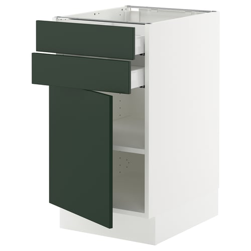 SEKTION kitchen cabinet with dark green havstorp fronts, white base, adjustable shelves.