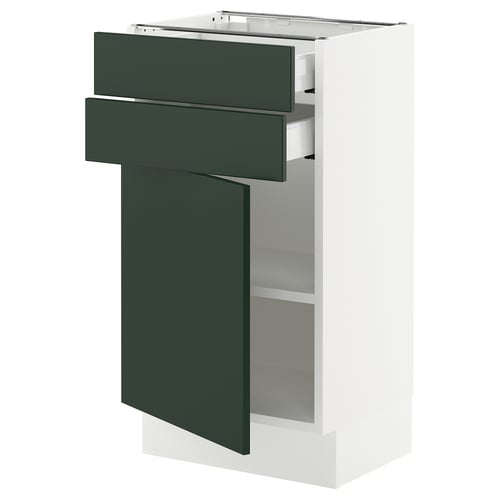 Modern, tall, white kitchen cabinet with green drawers and door. Adjustable shelves and a door damper.
