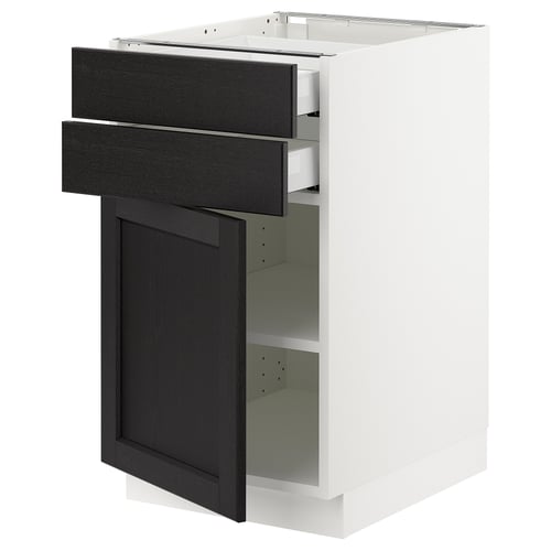 Depicts a white and dark ash-colored kitchen cabinet from the SEKTION system, featuring two drawers and a door.