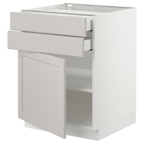 SEKTION kitchen cabinet in white with light grey drawers. Modern design, adjustable shelves, drawer with dampers.