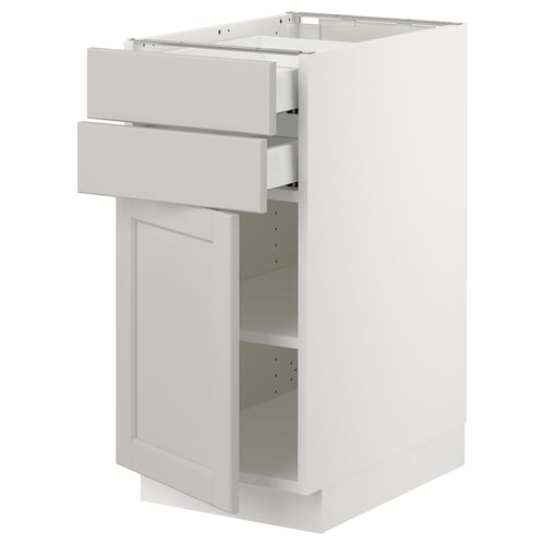 SEKTION white kitchen cabinet, light grey drawer fronts, three shelves, adjustable.