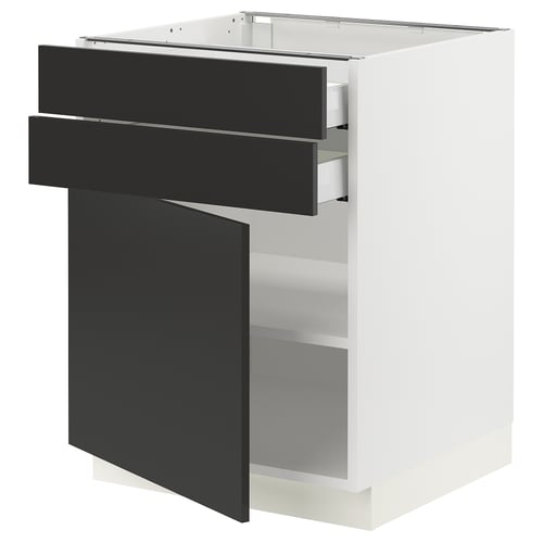 Modern kitchen unit with black drawers and white body, sleek design, fully adjustable, high-quality materials, and soft-close drawers.